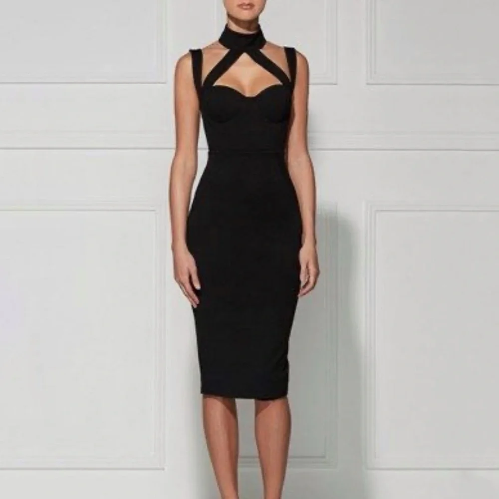 MISHA COLLECTION black Claudia sleeveless Halter fitted bodycon midi dress - Picture 1 of 9